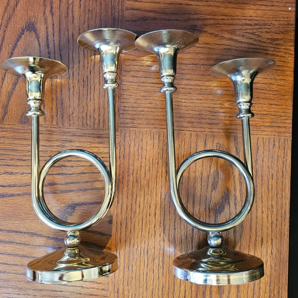 Vintage Brass French Horn Double Candle Holder Pair Gold Candelabra Music Decor